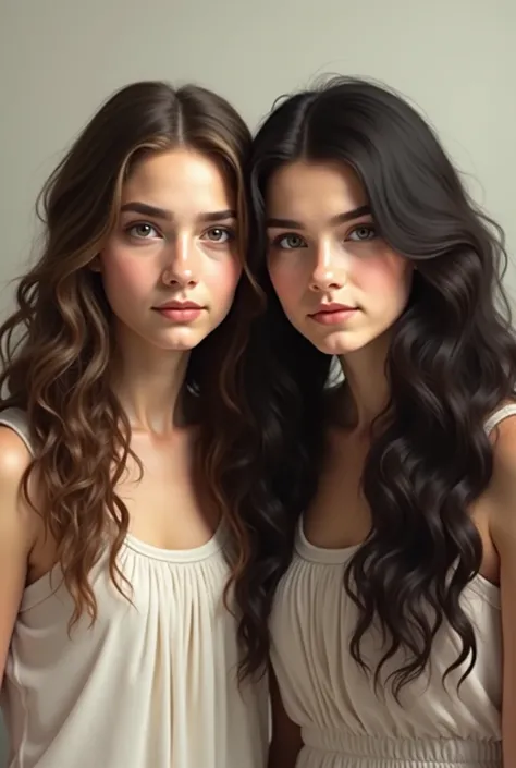 Two sisters, the eldest 2 with light brown wavy hair , white and the youngest, , brunette, long curly black hair
