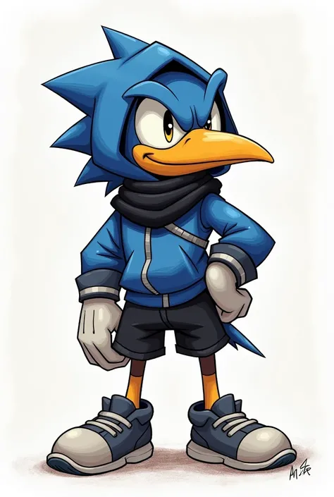 Anthropomorphic crow with a blue hood, black scarf, black shorts, and gray sneakers in the style of Sonic in a sketch 