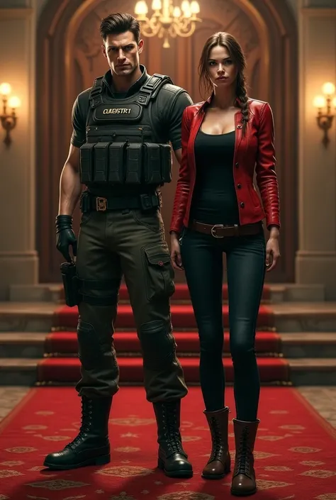 Make Chris Redfield from Resident Evil muscular, with military tactical uniform of S.t.A.R.S. Now Claire Redfield from Resident Evil with long brown hair tied up, with a tight black t-shirt, very big breasts, red jacket, black skinny jeans and brown leathe...