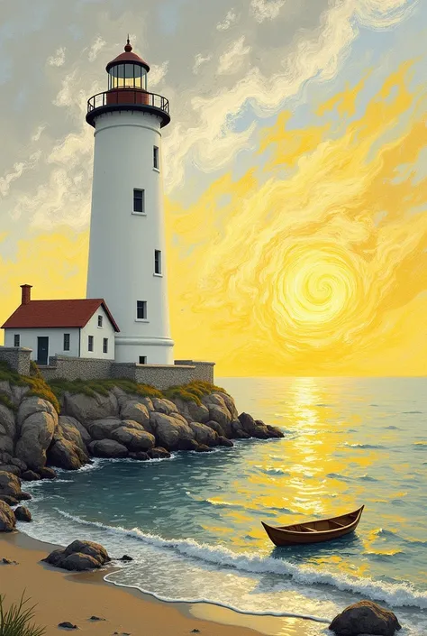 Lighthouse with sunset (sun is beside the lighthouse window), boat(kanoe) and Van Gogh style Intricate, color is only yellow grey and white and include cloudy 