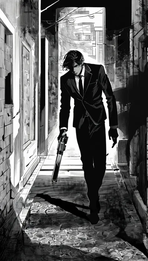 in a dark, A shadowy man stands on a deserted Japanese street, whose face is partly in shadow. The contrast of light and darkness highlights his ice-blue eyes and reinforces his menacing charisma as a Yakuza member. He wears black suit pants, a rolled up w...