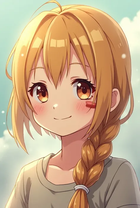 10 year anime girl scar on right eye very cute blonde hair with big braid over shoulder 