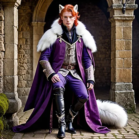 ((whole body)), (( male gender)), ((Red hair )),(( wearing 1 medieval suit /purple medieval coat)),((wearing 1 medieval black boots)),((with a bow made of crystal)),((riding his three-tailed white fox ))