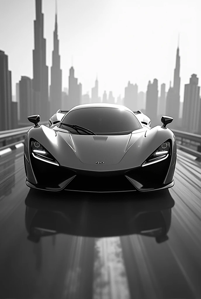 SuperCar flying over Dubai in black and white