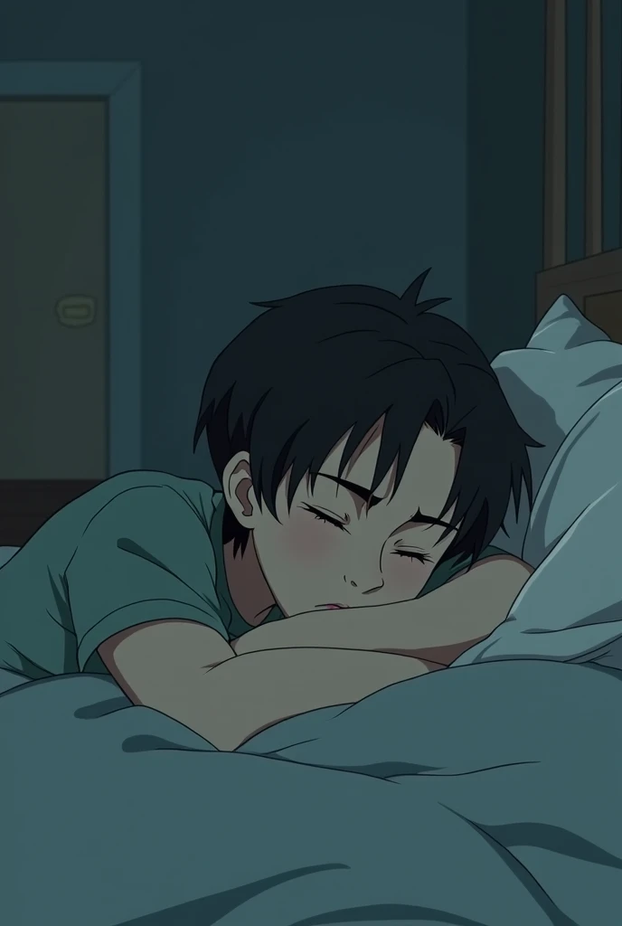 A half lying teenager getting up in his bed sad animated