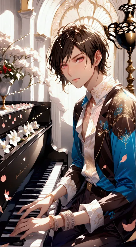 An androgynous man, slender body with androgynous body a loose casual suit , The scene is him playing a white piano in a room lit by the evening light. He has short, disheveled black hair., with intense red eyes that contrast with her pink skin. The photo ...