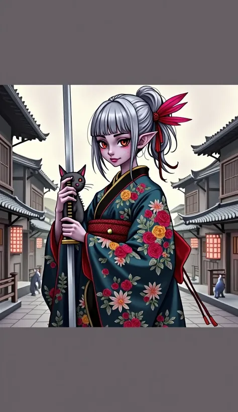 Please draw a scene of a female dark elf adventuring in a hot spring town in Japan., Japan, In the Gothic style, Japanese ukiyo-e style. Dark elves have silver hair, Blunt bangs, Slightly messy bob hair, Small pink mouth, dark purple skin. She wears a chig...