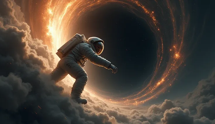 An astronaut being stretched by the gravitational pull of a massive black hole, with the black hole’s event horizon glowing ominously in the background, surrounded by swirling stars and cosmic dust. The astronaut is mid-way being pulled, giving a dramatic ...