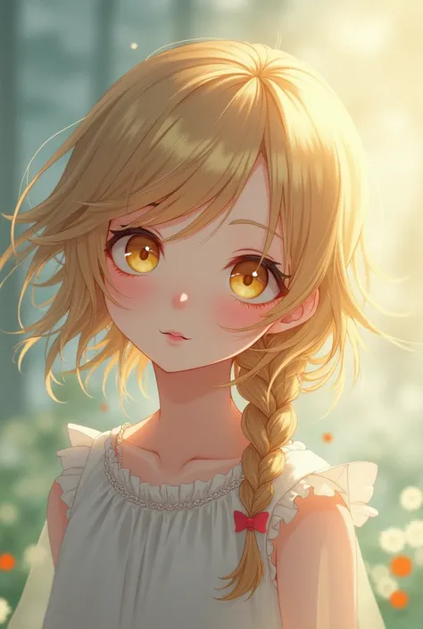 10 year anime girl scar on right eye very cute blonde hair with big braid over shoulder emphasize scar on right eye 