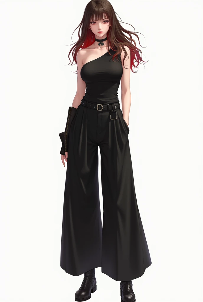 Long brown hair with red tips, black one-shoulder top and long pants, boot and a glove showing the fingers.  less sexy