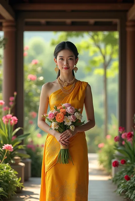 Beautiful young Thai woman, sharp face, looking at the camera, wearing a golden yellow silk Lanna Thai dress, wearing northern jewelry, standing in a Thai wooden pavilion, holding flowers, with a green garden, colorful flower garden, realistic 3D oil paint...