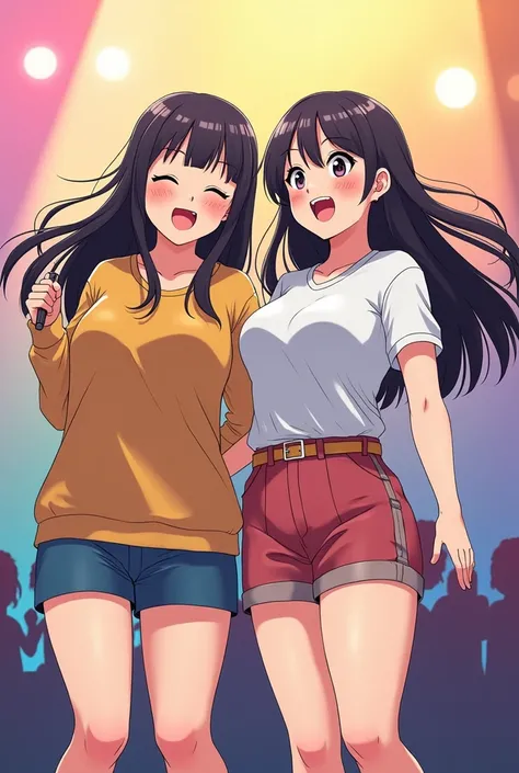 Singing girl duo. They are both chubby, straight hair and no highlights. anime type image. They are 30 years old. With more clothes, long hair. Most current clothing. That&#39;s fine, but both with shorts and less breasts