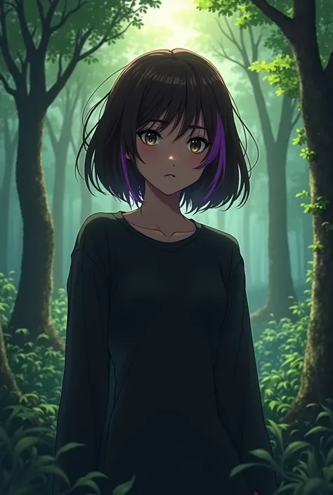 Teenager dark skinned woman, brown eyes, brown hair with a purple streak, dressed in black, in a forest, anime