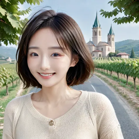 8k best picture quality, Beautiful 3 Korean woman, You have good skin and big and pretty eyes.. Chest size 34 inches, italian countryside, past the vineyard, The cathedral can be seen in the distance in thick fog.., The back background is realistic and viv...