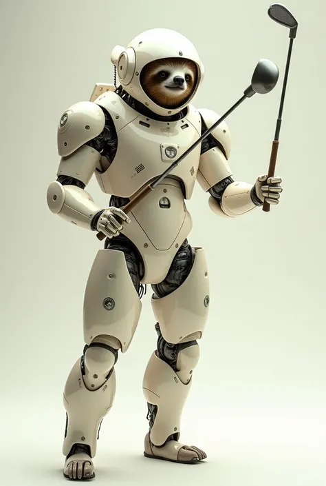 Sloth wearing ivory cream armor robot man suit wielding golf clubs 