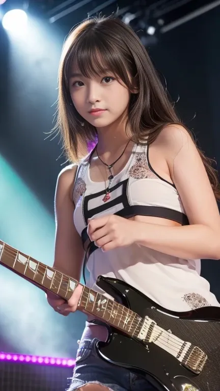 ((Beautiful girl playing electric guitar on stage at a rock concert:1.3)), (Table Top), (Highest quality, 8K, masterpiece:1.2, RAW Photos), (Realistic:1.2), Japanese, (Innocent faceld beautiful girl:1.2, Baby Face:1.5, Idol&#39;s face), (Stand with your fe...