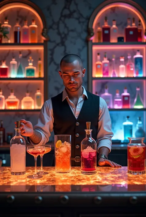 Character Reference Rosto real: Human male short hair shaved very low<<< : Barman Medieval, Exotic drinks, stunning colors, exotic fruits, exotic syrups, metallic marble table with luminous light details, sparkling drinks, Bottles of alchemical drinks, dia...