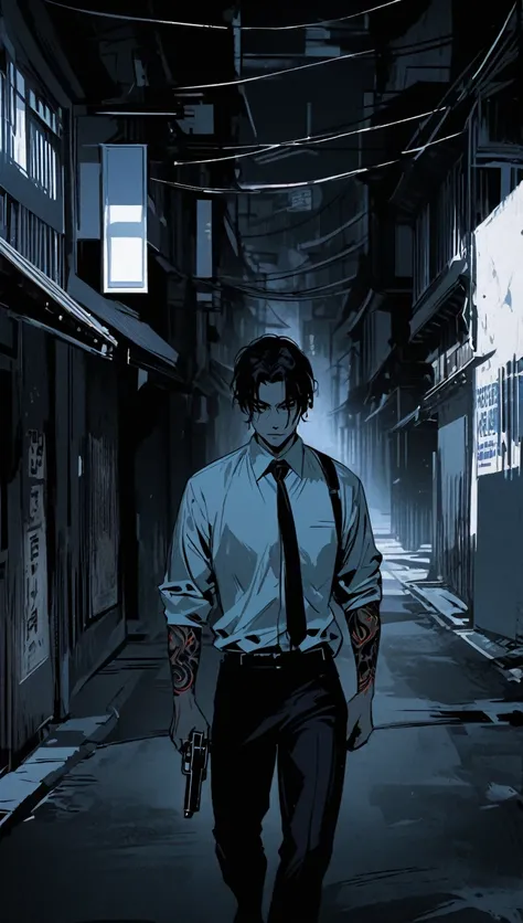 in a dark, A shadowy man stands on a deserted Japanese street, whose face is partly in shadow. The contrast of light and darkness highlights his ice-blue eyes and reinforces his menacing charisma as a Yakuza member. He wears black suit pants, a rolled up w...