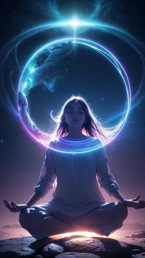 A mystical and spiritual scene with a glowing aura surrounding a figure meditating in a tranquil, ethereal landscape. The background features a gradient of deep blues and purples blending into light, with stars twinkling in the sky and soft light rays shin...