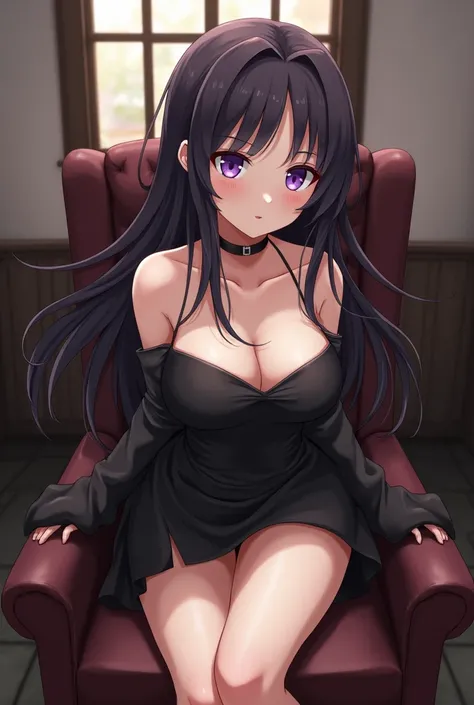 An anime girl with long dark hair and purple eyes wears a short black skirt and shows herself upskirt sitting on a chair with her legs crossed