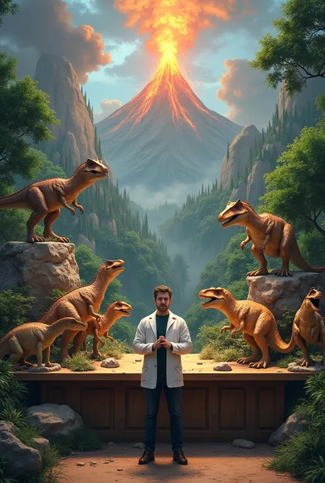 : A presenter at a table with dinosaur models, volcanoes and forests.*