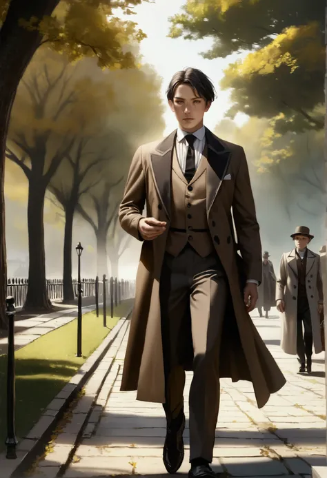 a well-dressed 2 man walking alone in a london park in 1920, wearing brown and gray clothing, detailed clothing, detailed facial features, photorealistic, intricate details, cinematic lighting, high resolution, award winning photograph