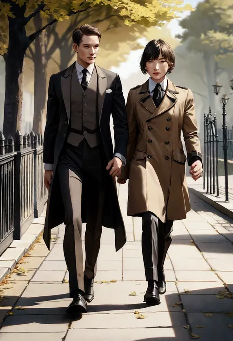 a well-dressed 2 man walking alone in a london park in 1920, wearing brown and gray clothing, detailed clothing, detailed facial features, photorealistic, intricate details, cinematic lighting, high resolution, award winning photograph