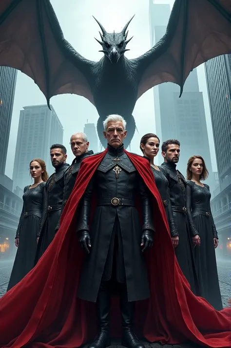 book cover, House of Dragons, modern buildings in the background, dragons flying in the background, Targaryen family lined up, black and red clothes.