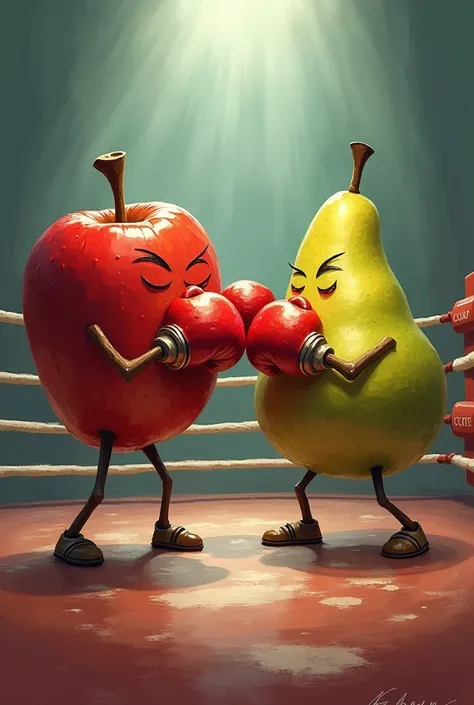 An apple fighting in a boxing ring against a pear