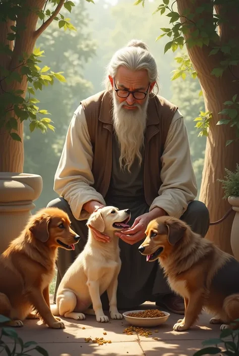 Depict the minister caring for the dogs—washing, feeding, and playing with them, showing his kindness.