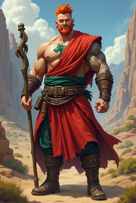 I would like a man with a strong physique, spiky orange hair, a smile on his face, an earring in his left ear, light-colored eyes, and wearing a red monk outfit with green details. He has a wolf symbol on his chest, a fully tattooed left arm, arm braces on...