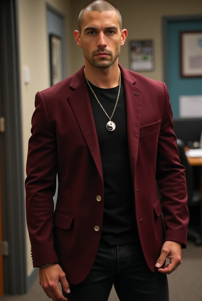 A man, shaved face, medium brown hair, a dark red blazer, a black t-shirt, black jeans, Necklace with a yin yang charm, and a ring on his left hand, muscular man, in office