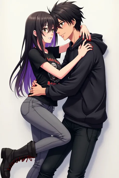 Anime Woman,Young, black hair with purple tips and purple highlights,dark brown eye with eyeliner, iron maiden shirt, gray pants, wearing boots, Unhas grandes vermelhas abraçando Young homen cabelo castanho ,tall black sweatshirt and black pants 