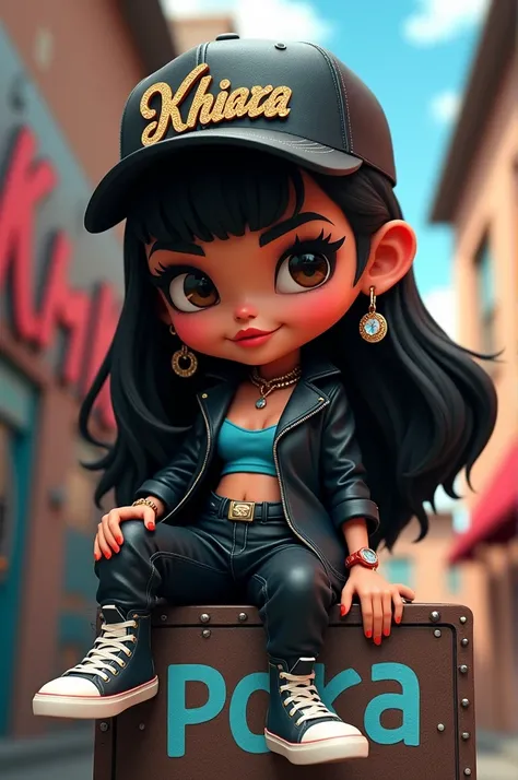 A captivating 3D digital illustration of a chibi princess dressed in a striking black leather outfit, with the word "khiara" written in bold letters across her chest. She confidently poses sitting on a "poppo coin seller" sign, accentuating her trendy styl...