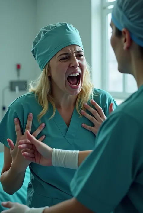 Create an image of a woman wearing a mask and an operating room cap, where a blond-haired wood comes from,  screaming and being supported by a nurse
