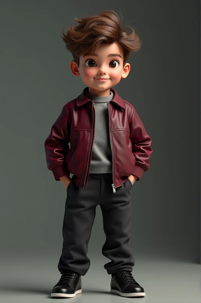 Boy with burgundy jacket, dark grey trousers and black trousers