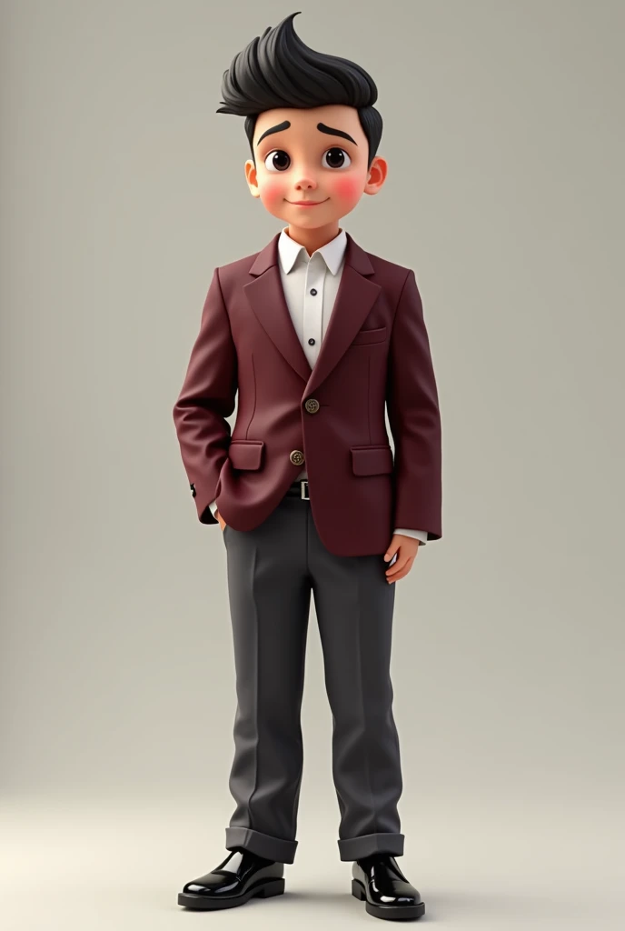 Boy with hairstyle wearing a burgundy blazer, dark grey trousers and black shoes