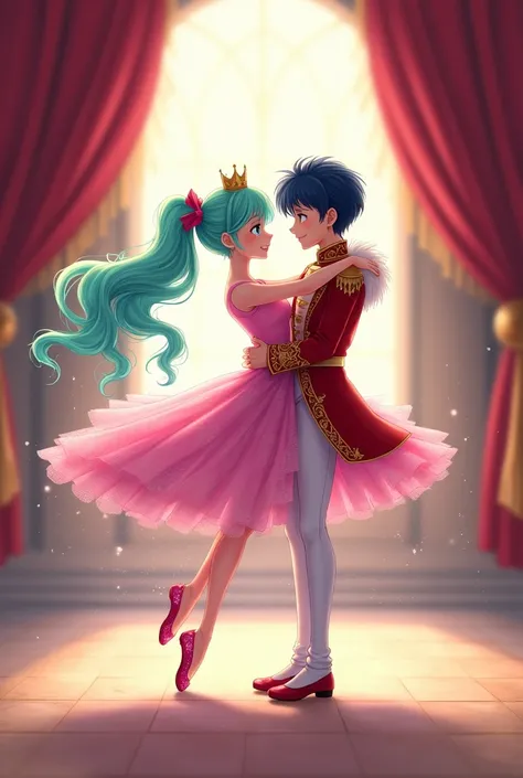 Young woman, water green eyes, dressed in Barbie&#39;s bright pink dress and magical slippers, He is hugging his partner.  Her aqua green hair is long and flowing, tied in two pigtails and wears a golden crown on his head.
Young boy, Navy blue hair and blu...