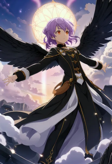 1boy, purple hair, orange eyes, black clothes, querubin, 4wings, black wings, CG, screenshot