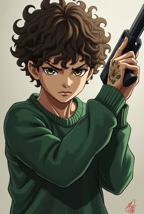 A boy drawn in demons slayer style, white skin, curly brown hair, brown eyes, skinny, and with a gun in his hand, with a serious and cold expression, with a green sweater and a tattoo on his arm