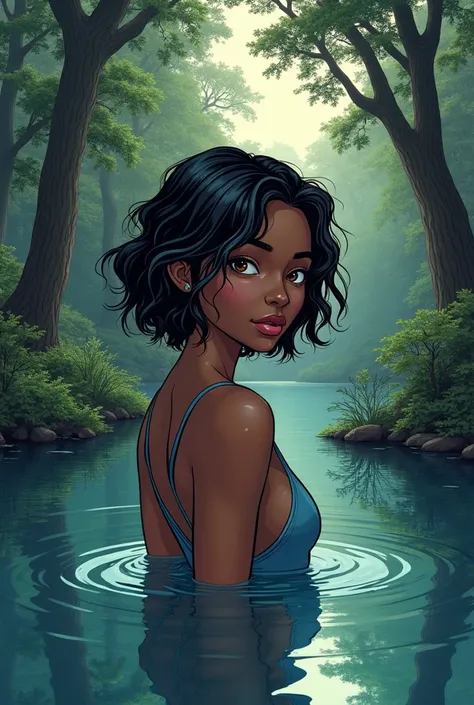 Panel comic marvel,Dark skinned girl, short dark brown wavy hair with blue highlights, brown eyes, in a forest lake 