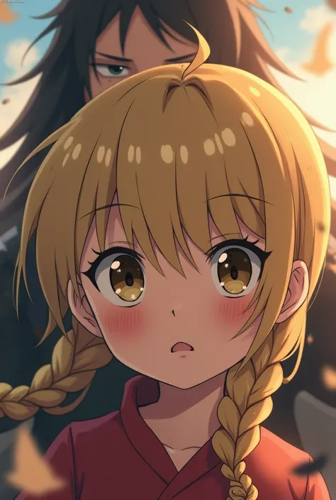 10 year anime girl scar on right eye very cute blonde hair with big braid over shoulder have her missing her right eye show her fighting against larger adult missing her right eye make sure she is missing her right eye emphasize top priority you should hav...