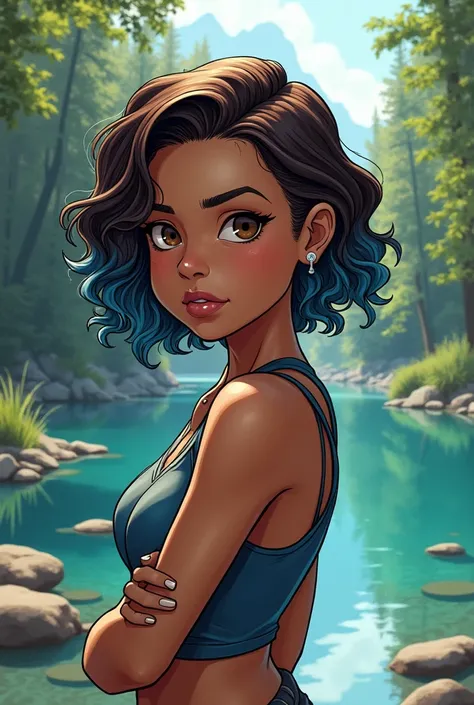 Panel comic marvel,light brown skin girl, short dark brown wavy hair with blue highlights, brown eyes, in a forest lake 