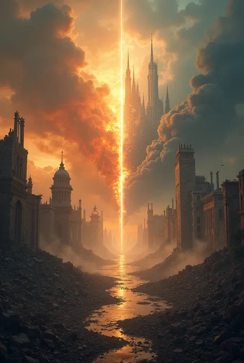 I need an image where one half represents a city completely destroyed and burning and the other half the new biblical Jerusalem, the city needs to be more destroyed But the images need to be well separated