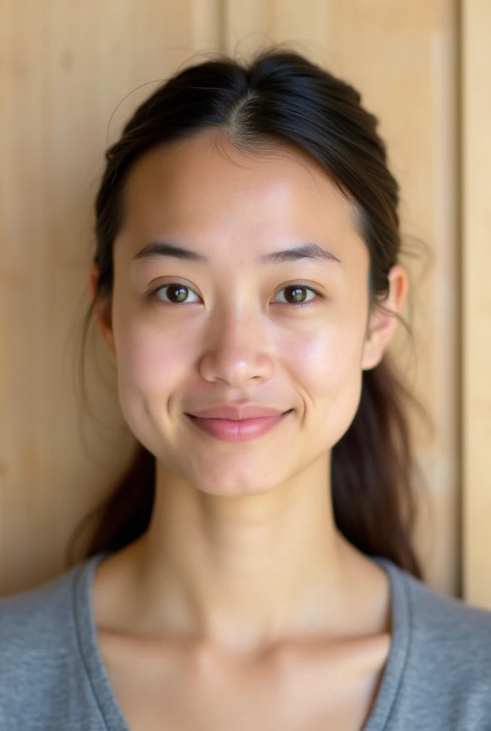 The image is a portrait style photograph showing a person with a neutral expression.. The individual has a light to medium skin tone, Brown eyes and dark brown hair pulled back. The background consists of a light-colored wooden panel, which provides a simp...