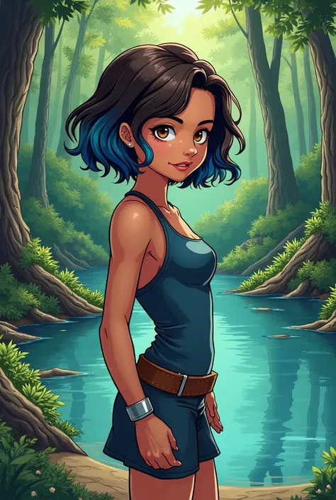 Panel comic marvel,girl, short dark brown wavy hair with blue highlights, brown eyes, in a forest lake 