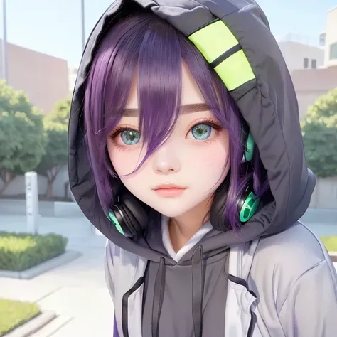 beautiful girl, purple hair, emerald eyes, black hoodie, gray shirt, headphone, 1 girl, high resolution, blush