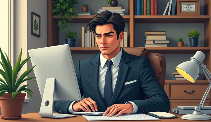 Imagine a handsome man with straight black hair wearing a business suit in a modest home., on a computer with a very organized environment with finance books on the side. drawing format