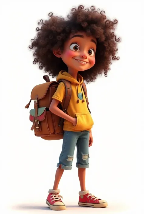  with curly hair with a backpack, pixar style on a white background full body 
