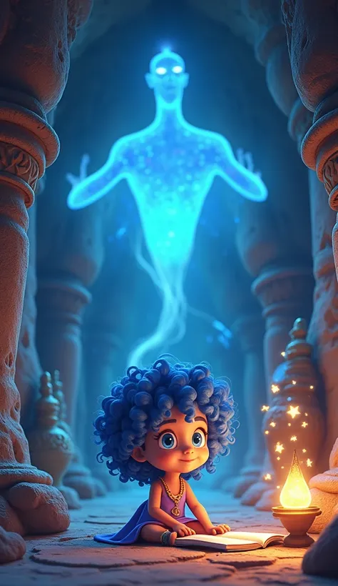 3D style cartoon
A girl with blue and curly hair
with blue eyes
He is sitting in a crypt and practicing magic
A genie appears